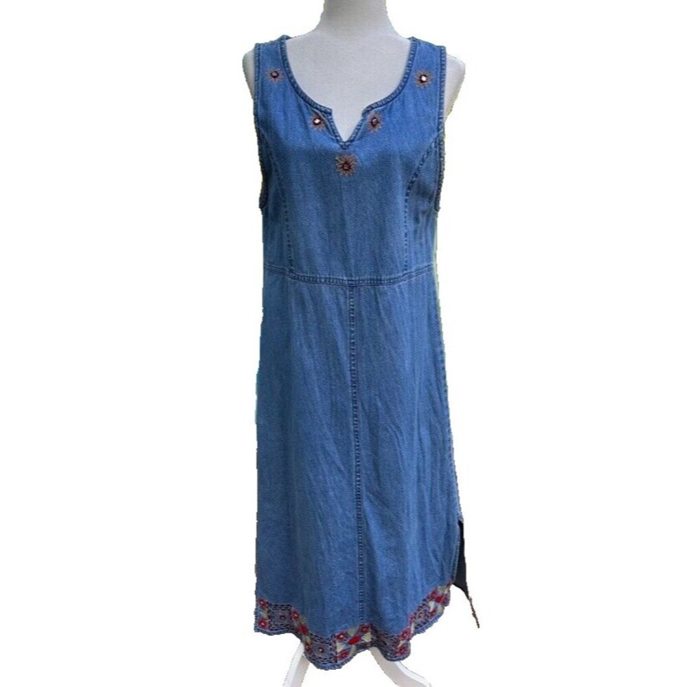 Agapo Denim Dress Womens Medium Floral Beaded Embroidered Sleeveless Maxi V Neck
